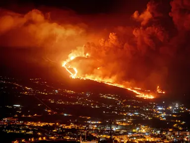 Lava mengalir saat gunung berapi terus meletus di pulau Canary La Palma, Spanyol (30/11/2021). Beberapa lubang vulkanik baru dibuka di La Palma, melepaskan lava baru yang mengalir cepat menuruni punggung bukit dan akan berdampak pada tanah, infrastruktur, dan rumah. (AP/Emilio Morenatti)