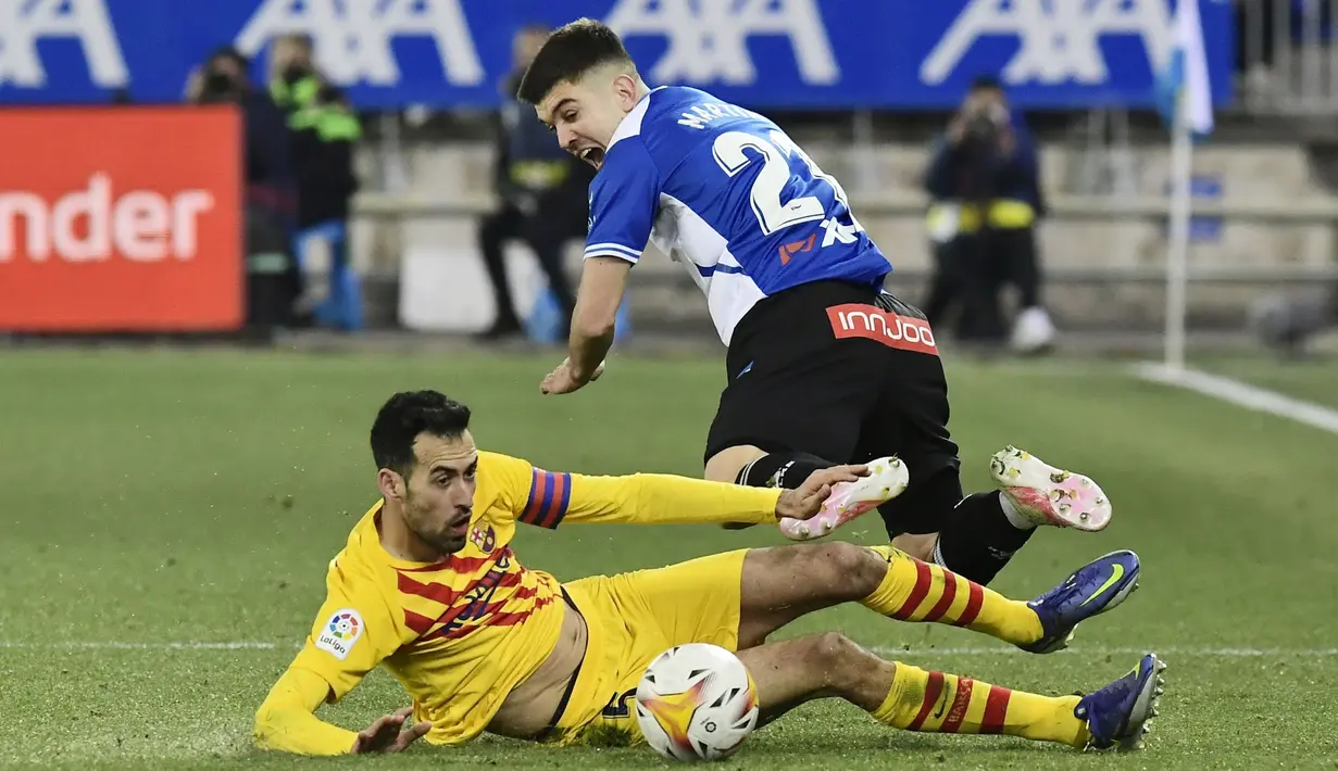 Kemenangan tipis ini membawa Barcelona naik ke posisi lima klasemen sementara Liga Spanyol dengan membukukan 35 poin, tertinggal 15 angka dari Real Madrid selaku pemuncak klasemen. (AP/Alvaro Barrientos)