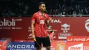 Pebulutangkis tunggal putra Indonesia, Tommy Sugiarto mengepalkan tangan saat berlaga melawan Pablo Abian (Spanyol) di Total BWF World Championships 2015 di Jakarta, Senin (10/8/2015). Tommy unggul 21-16, 21-13. (Liputan6.com/Helmi Fithriansyah)
