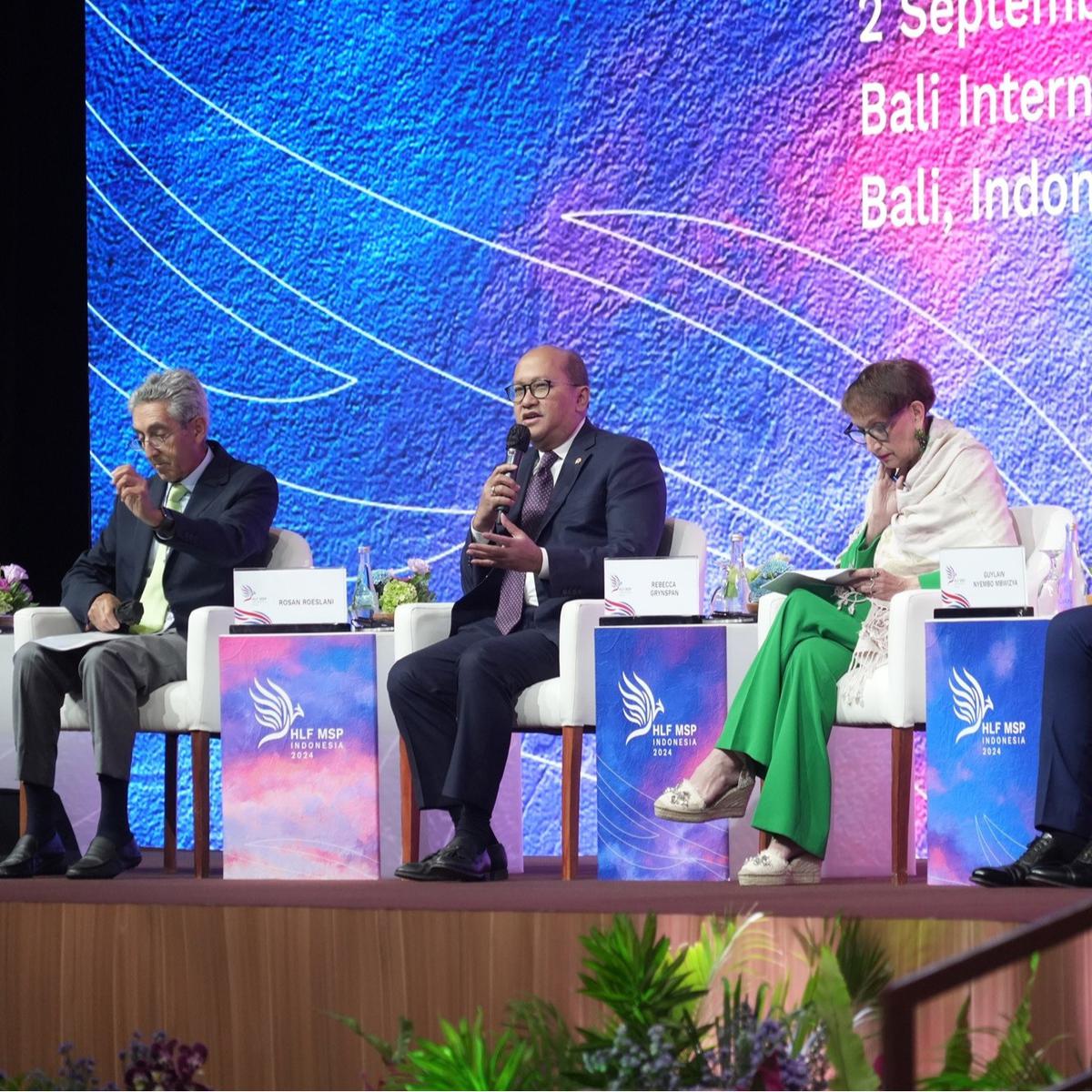 Menteri Investasi/Kepala Badan Koordinasi Penanaman Modal (BKPM) Rosan Roeslani saat menjadi panelis dalam High-Level Forum on Multi-Stakeholder Partnership