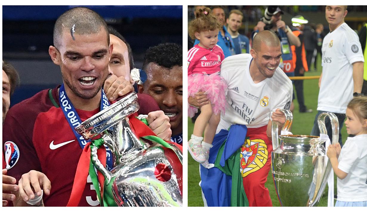 Pepe. Ia juga menjadi bagian skuat Real Madrid bersama Cristiano Ronaldo saat meraih trofi Liga Champions di musim 2015/2016. Selain merebut trofi Euro 2016, ia juga dinobatkan sebagai man of the match dalam laga final menghadapi Prancis. (Foto: AFP/Franck Fife/Filippo Monteforte)