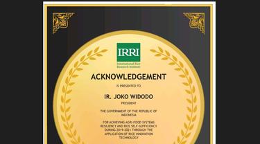 Lembaga Internasional IRRI (International Rice Research Institute), menganugerahkan penghargaan kepada Presiden Jokowi