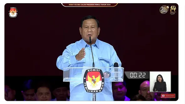<p>Calon Presiden (Capres) nomor urut 02 Prabowo Subianto saat membacakan visi misi di debat Pilpres 2024 terakhir yang digelar Minggu (4/2/2024) di Jakarta Convention Center (JCC), Senayan, Jakarta Pusat. (Tangkapan Layar YouTube KPU RI)</p>