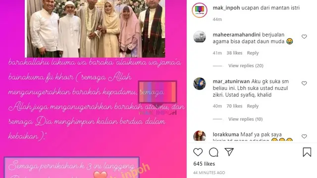 Mellya Juniarti menuliskan doa untuk Ustaz Abdul Somad melalui akun Instagram @ummumizyanhadziq (https://www.instagram.com/p/COO7DNWrFhQJ_38JdoQqePSfzirDLSnw8ZQdNA0/)