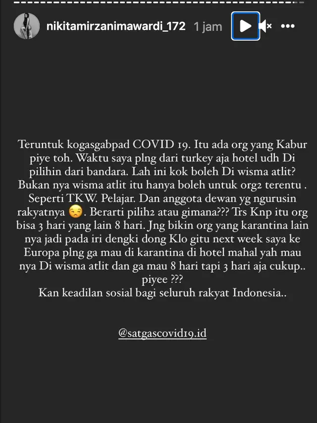 Unggahan Nikita Mirzani. (Foto: Instagram @nikitamirzanimawardi_172)