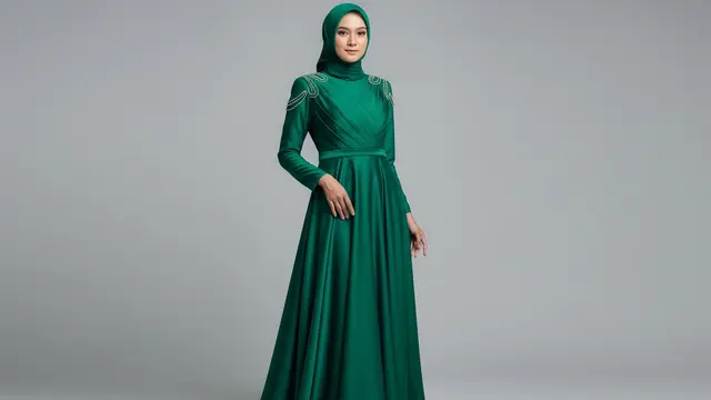 Gamis Polos Siluet A-Line dengan Payet di Bahu