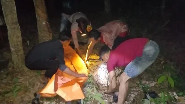 Polisi mengevakuasi jasad pria yang tewas dimassa warga usai diduga kepergok mencuri getah karet di Mesuji, Lampung.