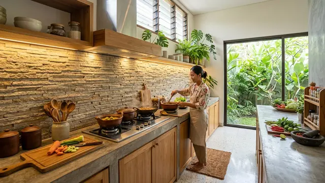 Inspirasi Dapur Bergaya Tropical Minimalist yang Bikin Suasana Masak Terasa Segar Seperti di Resort Model Dinding Batu Alam Ekspos