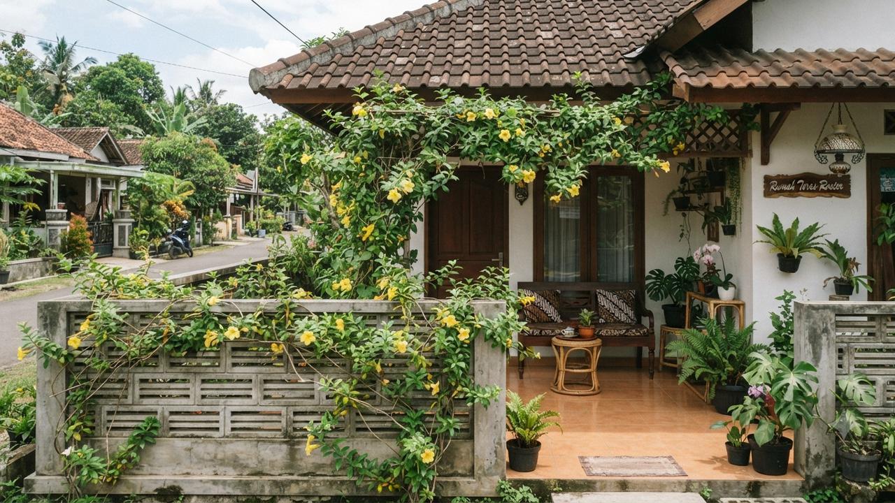Inspirasi Teras Rumah dengan Roster dan Tanaman Rambat, Bikin Hunian Sejuk dan Estetik Model Susun Horizontal dengan Tanaman Alamanda