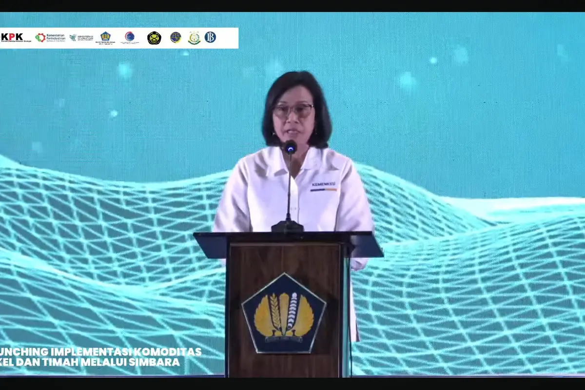 Menteri Keuangan (Menkeu) Sri Mulyani Indrawati dalam  perluasan implementasi Sistem Informasi Mineral dan Batubara Kementerian/Lembaga atau Simbara. (Tira/Liputan6.com)