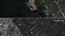 Kombinasi citra satelit handout milik Maxar Technologies ini menunjukkan Nova Kakhovka (atas) di sepanjang sungai Dnipro di Kherson pada tanggal 15 Mei 2023 dan kota yang sama dengan dermaga pelayaran yang hanyut pada tanggal 6 Juni 2023 setelah banjir setelah serangan terhadap bendungan utama yang dikuasai Rusia di Ukraina selatan yang melepaskan semburan air yang membanjiri dua lusin desa dan memaksa evakuasi 17.000 orang, yang memicu kekhawatiran akan terjadinya bencana kemanusiaan. (Photo by Satellite image ©2023 Maxar Technologies / AFP)