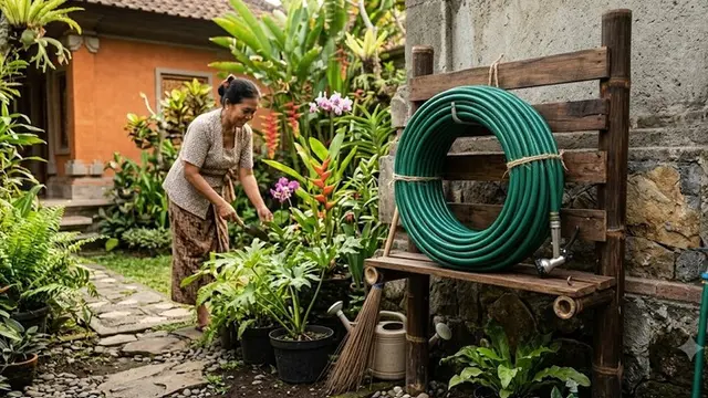 Ide Menyimpan Selang Taman agar Halaman Selalu Terlihat Rapi (AI Generated)