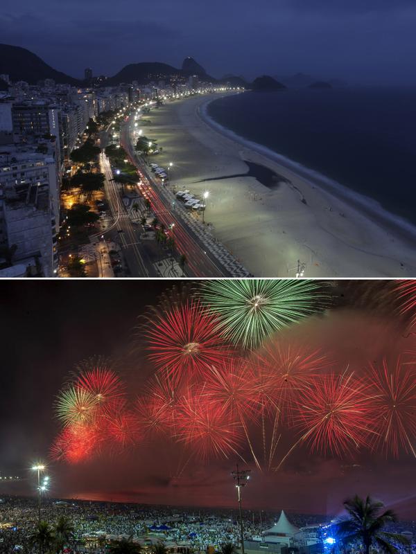 Kombo dua foto menunjukkan Pantai Copacabana yang kosong di tengah penutupan pandemi COVID-19 di Rio de Janeiro, Brasil 31 Desember 2020, teratas, kontras dengan satu tahun sebelumnya, 1 Januari 2020, ketika kerumunan orang menonton kembang api Tahun Baru di lokasi yang sama. (AP Phot/Bruna Prado)
