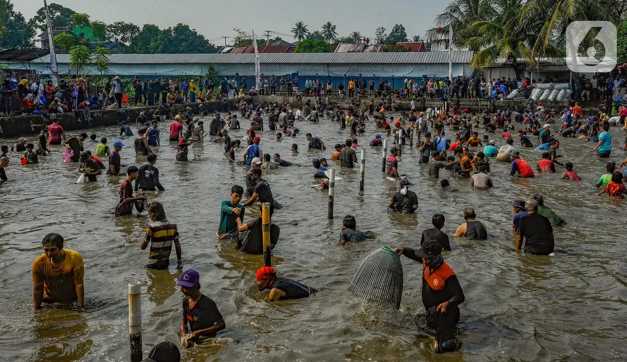 Pemerintah Kota (Pemkot) Depok menggelar kegiatan tradisi Ngubek Empang dengan menebarkan enam kuintal ikan. (merdeka.com/Arie Basuki)
