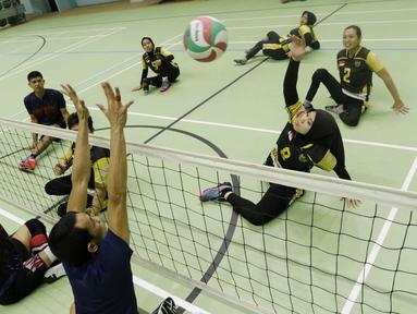 Atlet bola voli duduk Indonesia saat berlatih di Gelora Bung Karno Arena, Jakarta, Kamis (27/9/2018). Latihan tersebut untuk persiapan jelang Asian Para Games 2018. (Bola.com/M Iqbal Ichsan)