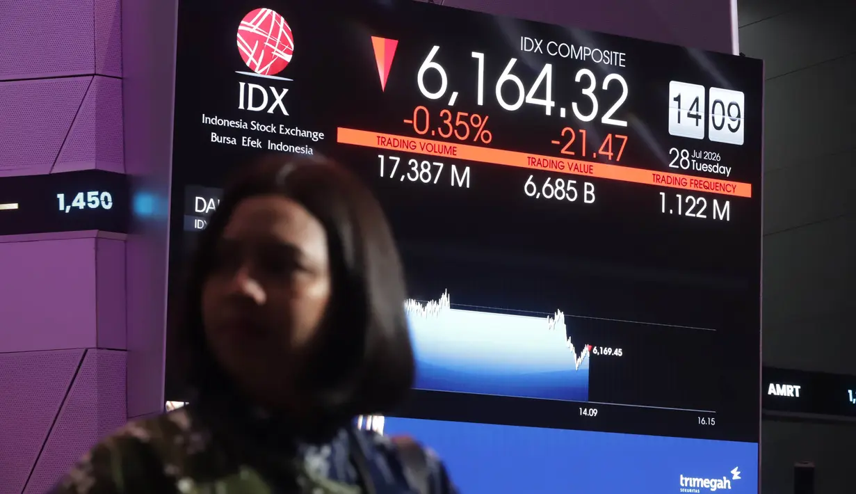 Pekerja berdiri dekat layar digital pergerakan Indeks Harga Saham Gabungan (IHSG) di Bursa Efek Indonesia (BEI), Jakarta, Jakarta, Selasa, 28 Juli 2026. (KLY/ Arie Basuki)