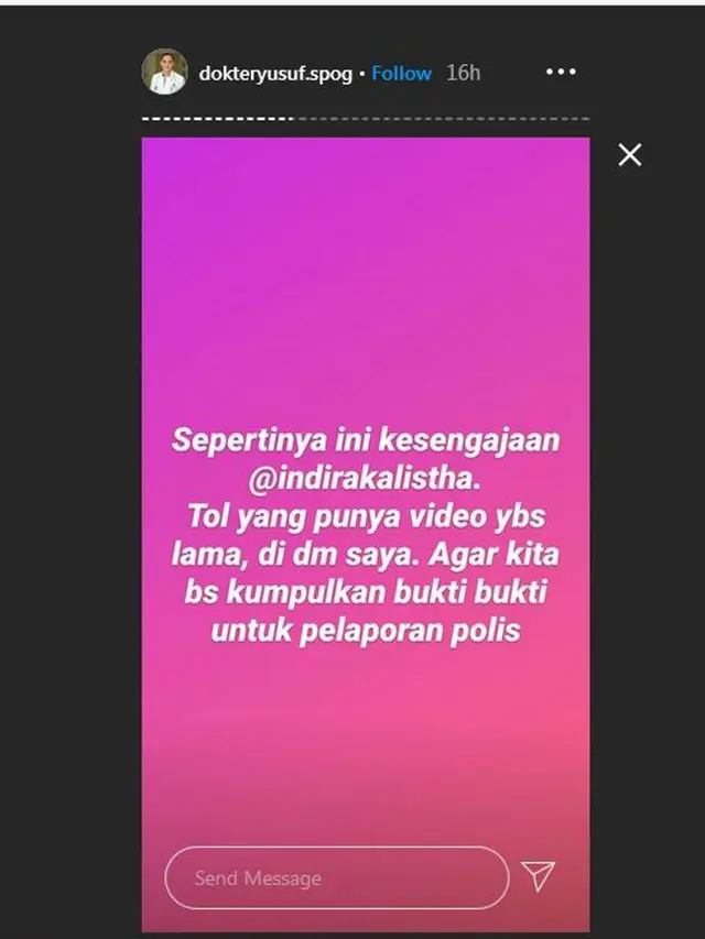 Unggahan Dr. Muhammad Yusuf, (Foto: Instagram @dokteryusuf.spog)