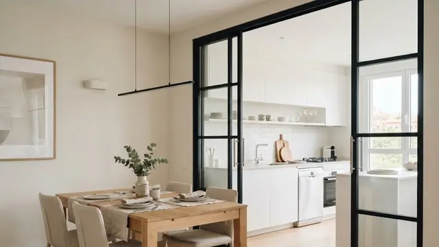 Ruang Makan dengan Pintu Geser sebagai Pembatas Dapur