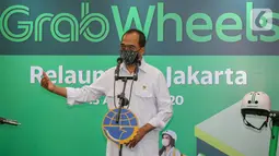 Menteri Perhubungan Budi Karya Sumadi memberikan sambutan pada acara peresmian kembali operasi GrabWheels di Kemenhub, Jakarta, Kamis (13/8/2020). Kehadiran GrabWheels yang sejalan dengan Permenhub No. 45/2020 diharapkan bisa mengurangi kepadatan lalu lintas. (Liputan6.com/Fery Pradolo)