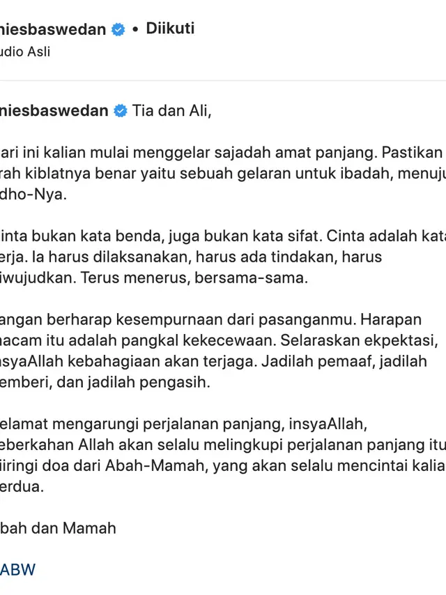 Unggahan Anies Baswedan. (Foto: Dok. Instagram @aniesbaswedan)