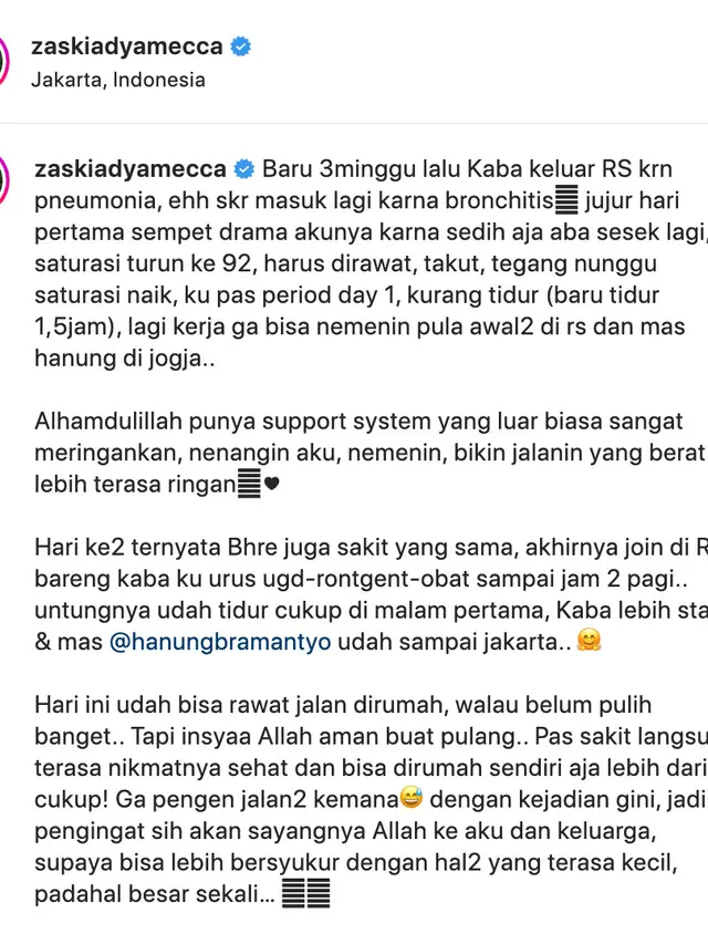 Unggahan Zaskia Adya Mecca. (Foto: Dok. Instagram @zaskiadyamecca)