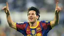 Gaya selebrasi gol yang khas dari striker Barcelona Lionel Messi yang memborong dua gool kemenangan 2-0 atas Real Zaragoza pada partai La Liga di Nou Camp, 23 Oktober 2010. AFP PHOTO/LLUIS GENE