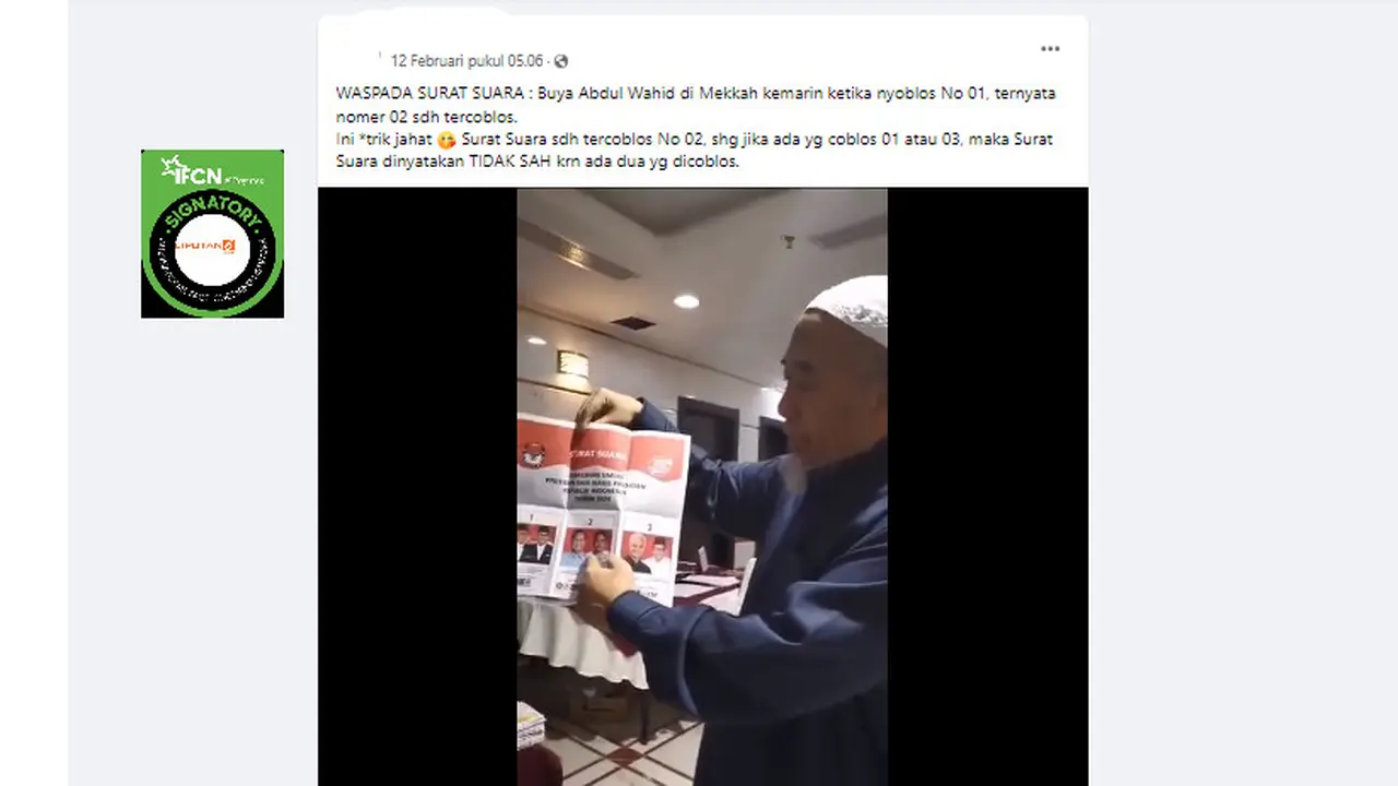 Tangkapan layar klaim video surat suara di Makkah sudah tercoblos nomor 02