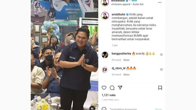 Tangkapan layar unggahan Instagram Menteri BUMN Erick Thohir dengan akun @erickthohir, Kamis (7/7/2022).