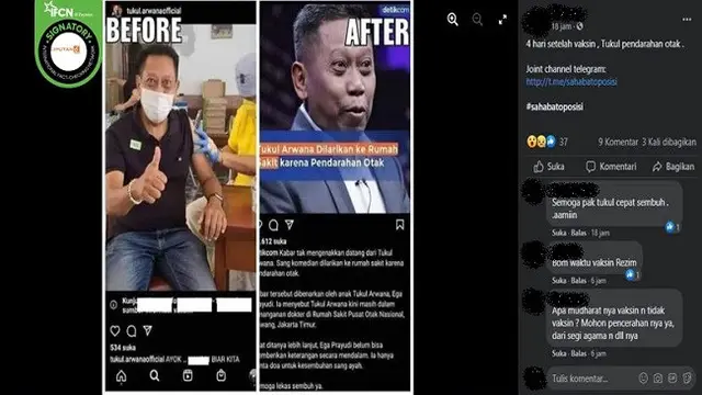 Gambar Tangkapan Layar Kabar Tukul Arwana Alami Pendarahan Otak Usai Divaksin Covid-19 (sumber: Facebook).