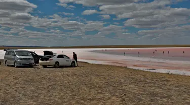 Wisatawan beristirahat di dekat Danau Kobeituz di Kawasan Akmola, Kazakhstan utara (20/6/2020). Danau Kobeituz terkenal dengan warna merah mudanya dan populer di kalangan wisatawan lokal. (Xinhua/Kalizhan Ospanov)