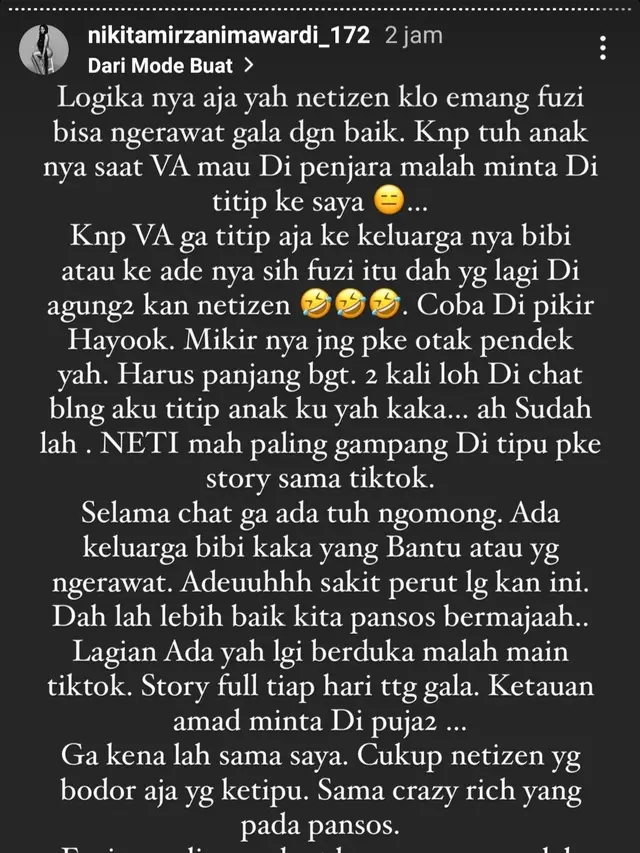 Unggahan Nikita Mirzani. (Foto: Instagram @nikitamirzanimawardi_172)