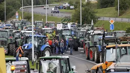 Puluhan traktor milik peternak sapi perah memblokir jalan tol atau jalan bebas hambatan saat melakukan aksi protes di Battice, Belgia, Kamis (30/7/2015). Aksi protes tersebut berkaitan dengan rendahnya harga jual susu. (REUTERS/Francois Lenoir)