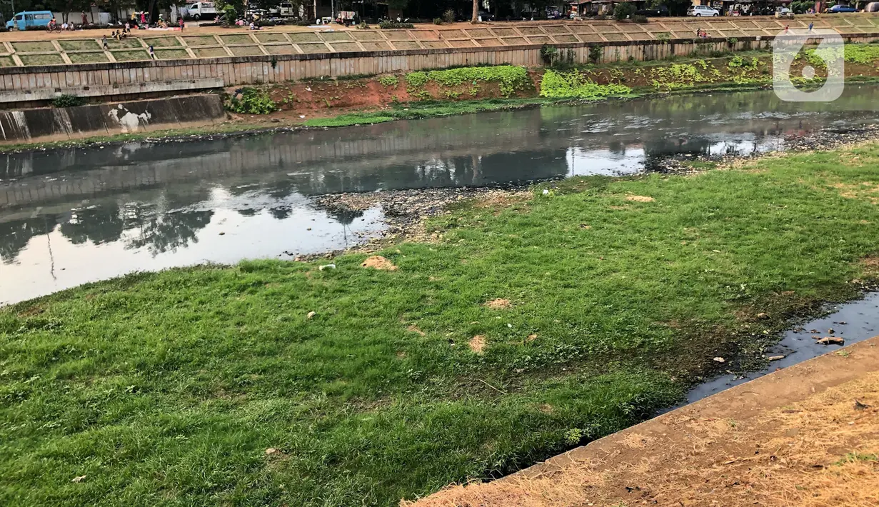 Suasana aliran Kanal Banjir Timur (KBT) yang mengering di kawasan Cipinang Muara, Jakarta, Jumat (11/9/2020). Curah hujan yang rendah selama musim kemarau menyebabkan debit air di kawasan tersebut berkurang sehingga bantaran kanal mengalami kekeringan. (Liputan6.com/Immanuel Antonius)