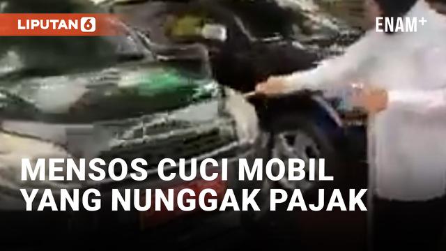 Mensos Risma Cuci Mobil Dinas yang Mati Pajak