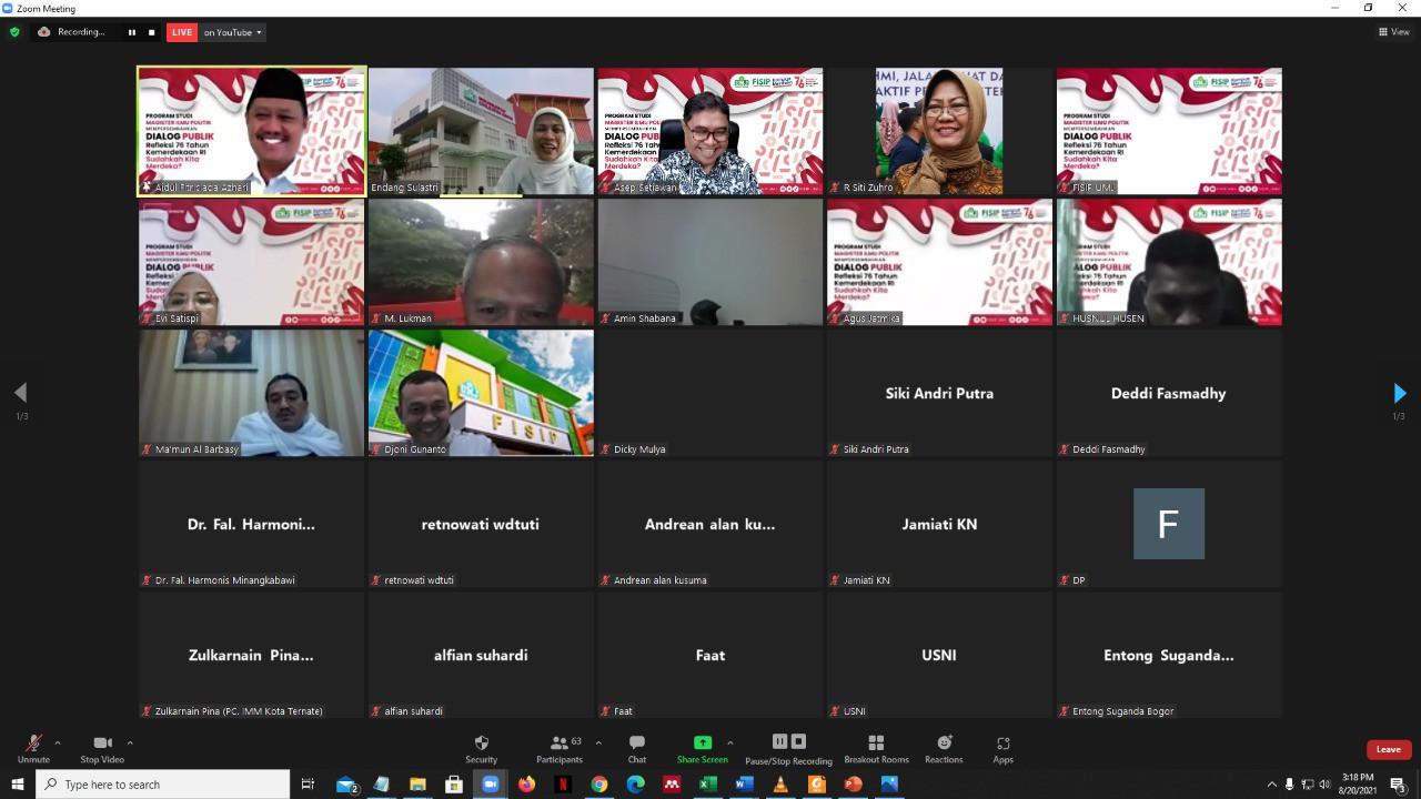 Webinar Refleksi 76 Tahun Kemerdekaan RI: Sudahkah Kita Merdeka?" yang digelar Mikom UMJ. (Istimawa)