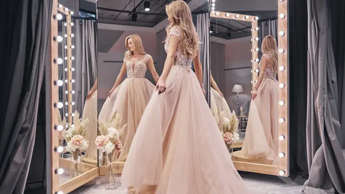 wanita mencoba gaun pengantin