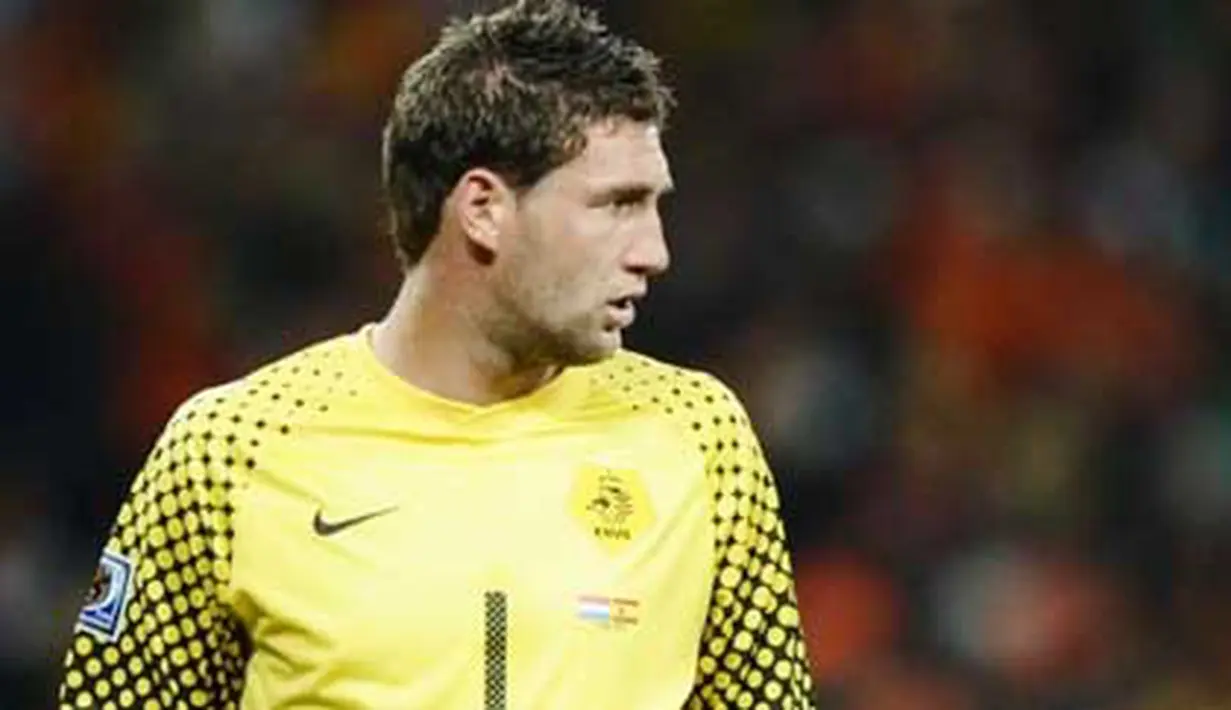 Ekspresi kiper Belanda Maarten Stekelenburg di laga final PD 2010 melawan Spanyol di Soccer City Stadium, Johannesburg, 11 Juli 2010. AFP PHOTO / JEWEL SAMAD 
