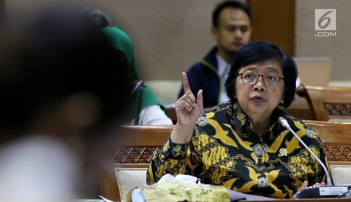 Menteri Lingkungan Hidup dan Kehutanan (LHK) Siti Nurbaya Bakar memberi paparan saat rapat kerja dengan Komisi VII DPR di Gedung DPR, Jakarta, Rabu (15/5/2019). Rapat ini juga membahas tentang penanggulangan sampah plastik dan isu-isu tentang lingkungan serta pemanfaatannya. (Liputan6.com/JohanTallo