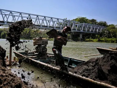 Penambang membongkar muatan pasir dari perahu ke atas truk di pinggir Sungai Luk Ulo, Kabupaten Kebumen, Jawa Tengah, Sabtu (05/5). Penambang menjual pasir ke pedagang pasir di pangkalan truk tepi sungai. (Liputan6.com/Fery Pradolo)