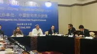 Seorang ustaz dari Xinjiang, Abudurekefu Tumuniyazi, mengisi workshop tentang keadaan muslim Uighur di China (Liputan6.com/Siti Khotimah)