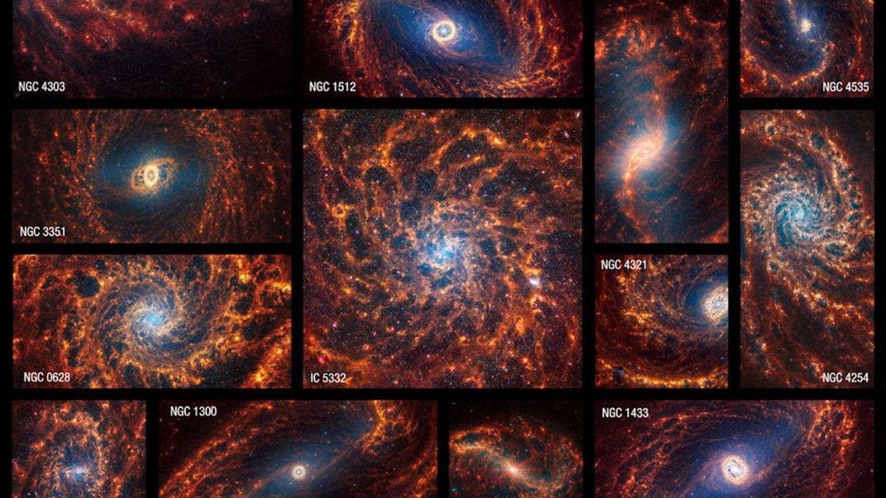 Foto kombinasi memperlihatkan 19 galaksi spiral yang dilihat secara langsung mengunakan Teleskop Luar Angkasa James Webb.<br>