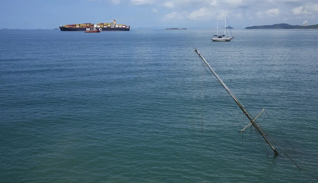 Mulai 30 Juli 2023, kapasitas transit harian Terusan Panama disesuaikan menjadi rata-rata 32 kapal laut per hari, dengan 10 kapal di kunci neo-panamax dan 22 kapal di kunci Panamax. (AP Photo/Arnulfo Franco)