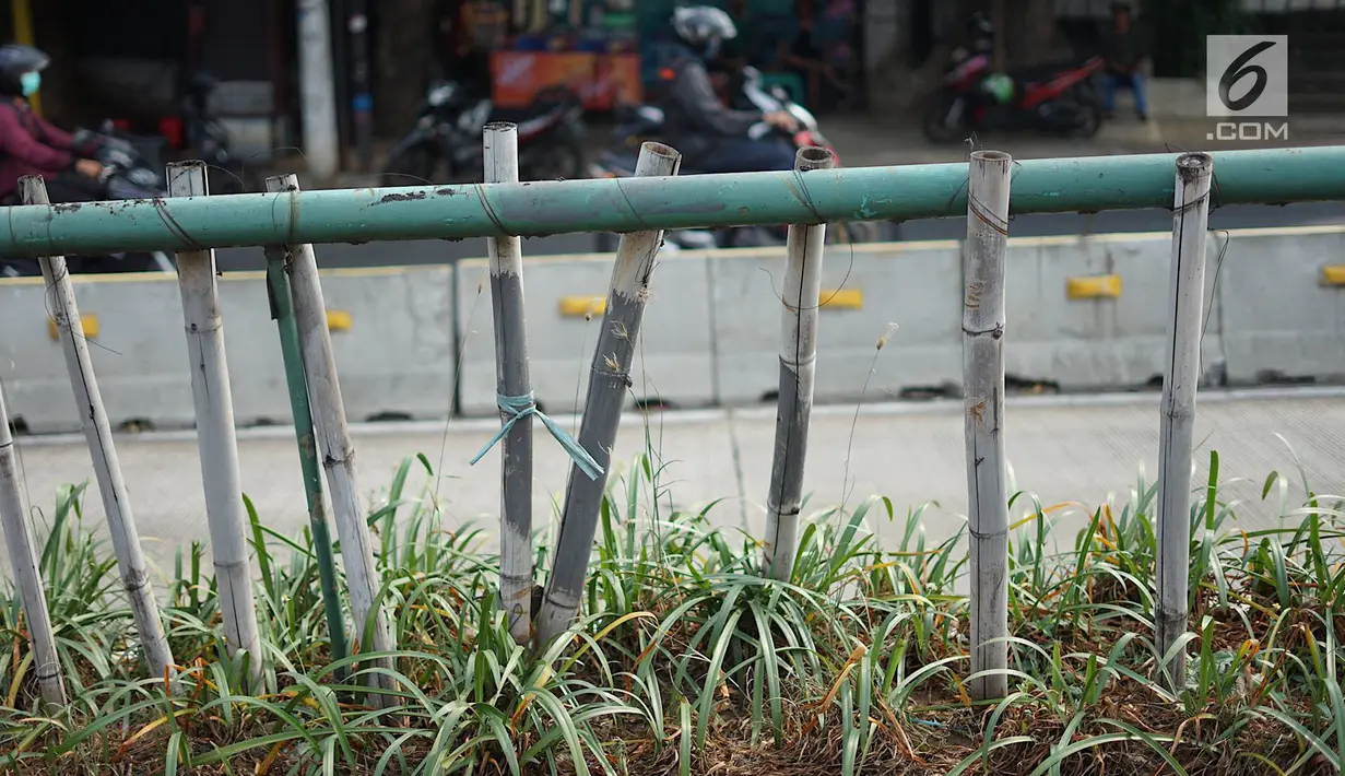 Sejumlah bambu menopang pagar pembatas jalur transjakarta di Jalan Otista Raya, Jakarta, Jumat (5/7/2019). Meskipun telah lama rusak, pagar besi berjeruji yang berfungsi sebagai pembatas agar orang tidak menyeberang secara sembarangan itu belum juga diperbaiki. (Liputan6.com/Immanuel Antonius)