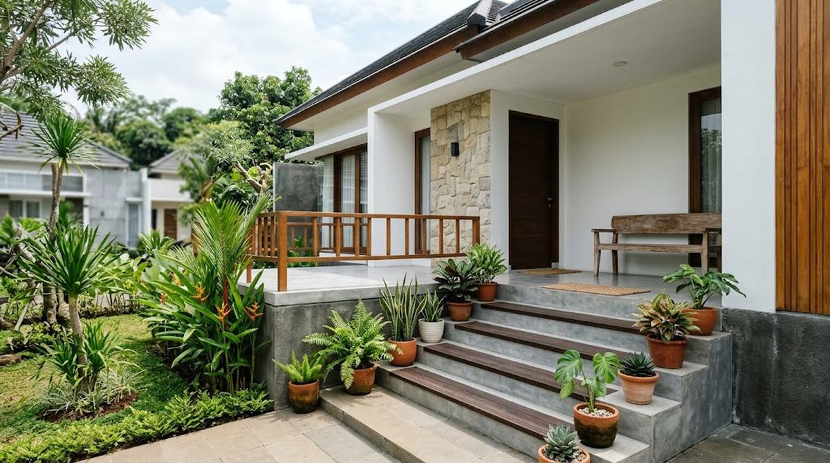 Koleksi Tanaman Mini di Anak Tangga Teras