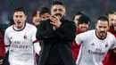 Ekspresi pelatih AC Milan, Gennaro Gattuso ketika tim asuhannya berhasil melaju ke final Coppa Italia usai menundukkan Lazio di Stadio Olimpico, Roma, Italia, Rabu (28/2). (Angelo Carconi/ANSA via AP)