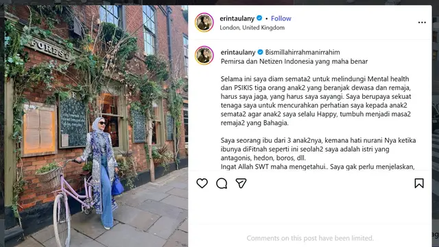 Erin curhat perceraian (Instagram.com/erintaulany)