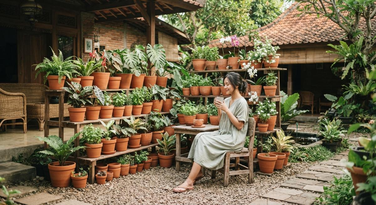 Ide taman yang tetap cantik meski tanpa rumput dan cocok untuk pemilik introvert model tanaman pot dengan susunan bertingkat