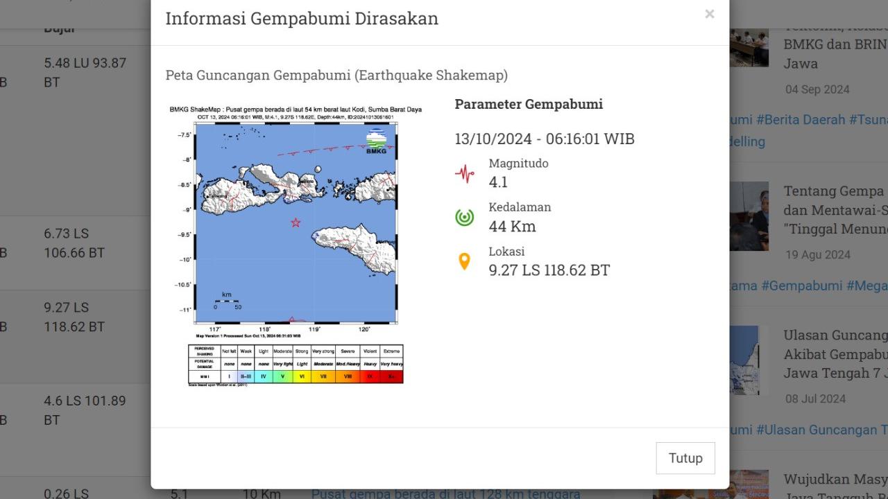 Gempa hari ini di akhir pekan, Minggu (13/10/2024) pertama menggetarkan pagi tadi pukul 06:16:01 WIB di wilayah Sumba Barat, Provinsi Nusa Tenggara Timur (NTT).