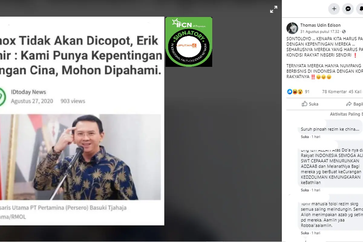 Penelusuran Klaim Erik Thohir Sebut Ahok Tidak akan Dicopot karena Ada Kepentingan dengan China