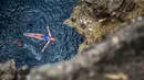 Peserta asal Australia, Rhiannan Iffland, melakukan lompatan setinggi 21 meter dari tebing Islet Franca do Campo pada kompetisi Red Bull Cliff Diving World Series di Sao Miguel, Portugal, 7 Juli 2017. (Romina Amato/Red Bull Content Pool via AP Images)